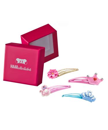 Hair -like hair clips set (4 partly | crowns star and flower | colorful with glitter) for girls including box for storage (box color: pink)