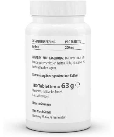 Vitaworld Caffeine 200 mg - High Dose Vegan Tablets | 180 Count | Made in Germany - Boost Energy & Focus - Buy Online on GoSupps.com