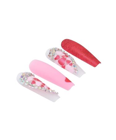 Brishow Red Press-On Nails with Heart Rhinestones | 24 Ballerina Acrylic Fake Nails for Women & Girls - International Shipping - Buy Online on GoSupps.com
