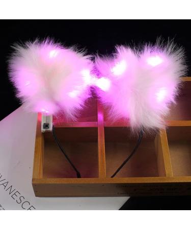 LEEMASING Light Up Headbands LED Cat Ears Headband Faux Fur Hair Hoop Cute Colored Light For Xmas Party Cosplay Halloween Birthday (Pink)