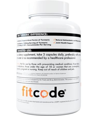 Fitcode 1500mg Turmeric Curcumin with 95% Curcuminoids & BioPerine - Highest Potency, Gluten-Free, Non-GMO - 30 Veggie Capsules - Buy Online on GoSupps.com