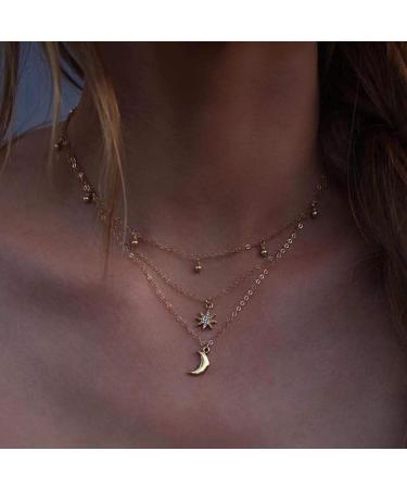 DoubleNine Star Moon Pendant Layering Necklaces Charm Crystal Choker Gold Chic Dainty Jewelry Accessories for Wedding Bridesmaid Women Girl