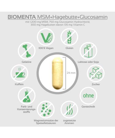 Biomenta MSM + Rose Hip + Glucosamine - 180 Allergen-Free Vegan Capsules | High-Dose 1200mg Sulfur 750mg Glucosamine HCL 300mg Rose Extract - Premium Quality - Buy Online on GoSupps.com