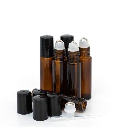 ZEJIA 10ml Roller Bottles 6Pack Amber Thick Glass Essential Oil Roller Bottles Stainless Steel Roller Ball with 2 Droppers 10-6pcs Brown