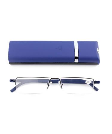 Ultra -light tr90 reading glasses men women classic metal visual aid semi -burning glasses narrow style glasses reading aid with case and glasses cleaning cloth (blue +1.75) blue +1.75