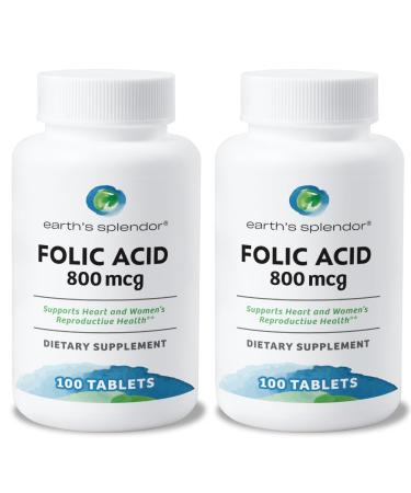 Earth's Splendor Folic Acid 800 mcg Supplement Supports Heart Health Supports Women's Reproductive Health Smooth Coated Tablets (800 mcg 200 Tablets Pack of 2) B9 (Folic Acid) 2 Pack