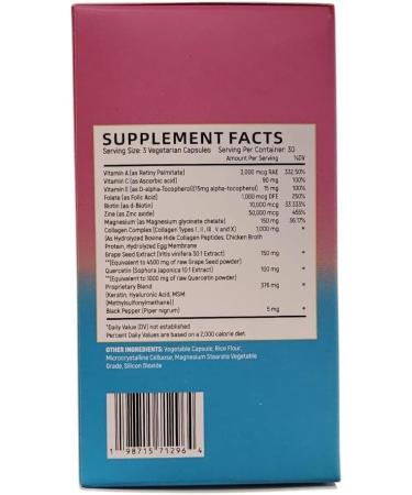 Collagen Peptides Types I II III V & X 64000 MCG 14 in 1 Biotin Keratin Hyaluronic Acid Magnesium MSM Grape Seed Vitamin A C & E Black Pepper Quercetin Folate Zinc (90 Veggie Caps) - Buy Online on GoSupps.com