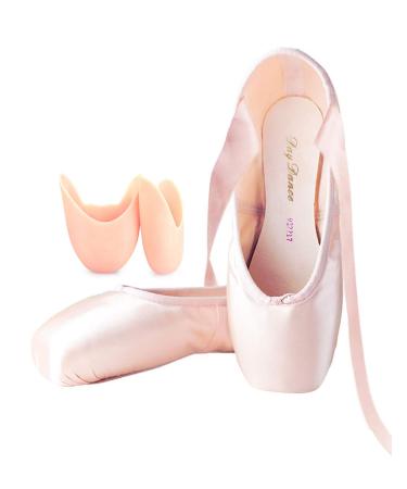 Daydance Ballet Pointe Shoes Girls Women Ribbon Ballerina Shoes with Toe Pads 1 Big Kid Pink