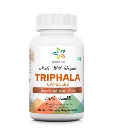 Organic Aura Premium Original Triphala Capsules. 120 Veg HPMC Capsules 1500mg per Serving. Made with Nutritious Triphala. Natural Digestion and Colon Cleanse Support. 100% All Natural.