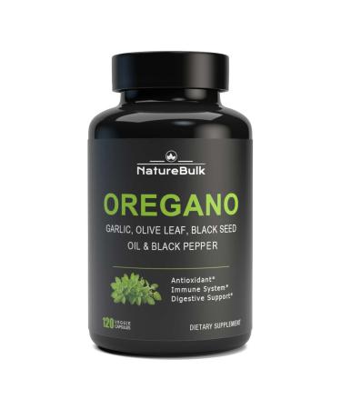 NATUREBULK Oregano Oil Extract with Garlic Extract, Olive Leaf, Black Seed Oil, and Black Pepper Supplement Capsules for Immune Support & Digestive Health 120 Caps