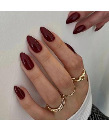 24Pcs Wine Red Press On Nails Short Oval CEWEWP Thick Acrylic Nails Press Ons Short Almond Nails Glue on Natural Round Fake Nails One Color Gel Stick On Nails Set For Tiny Average Wide Nail Beds A27