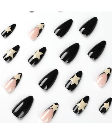 Black French Tip Almond Press on Nails - 24Pcs Medium Length Glossy False Nails with White Star Design for Women and Girls - Buy Online on GoSupps.com