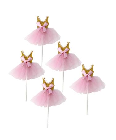 COHEALI Cupcake Decorating Cupcake Topper 5Pcs Glitter Tutus Dress Cake Toppers Ballerina Skirt Cupcake Picks Fruit Forks Coffee Drink Stir Sticks Birthday Theme Party Decoration(Golden)
