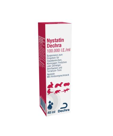 Dechra Nystatin |48 ml |Suspension for oral administration |For small rodents ornamental birds racing pigeons and terrarium animals |With raspberry taste |For yeast piling infections in the gastrointestinal tract