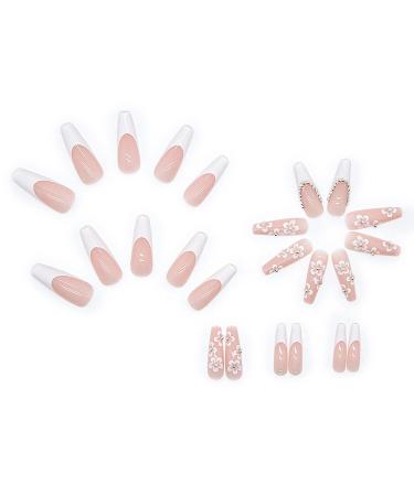 White Coffin Long Square Press on Nails with Cute Flowers Design - Glossy False Nails for Women - Acrylic Stick on Nails with Glue - M3-13 - Buy Online on GoSupps.com