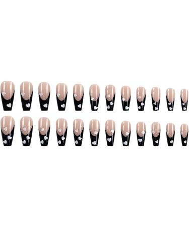 French Tip Press on Nails - Long Square Press On Nails with Nail Tips Black edge with white heart design press on nails Acrylic False Nails Cute Artificial Nails - Buy Online on GoSupps.com