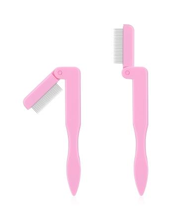 2 Pcs Folding Eyelash Comb Stainless Steel Metal Teeth Eyebrow Comb Eyelash Separator Tool Professional Lash Separator Lash and Brow Makeup Applicator Brush Tool for Mascara Eyelashes Eyebrow(Pink)