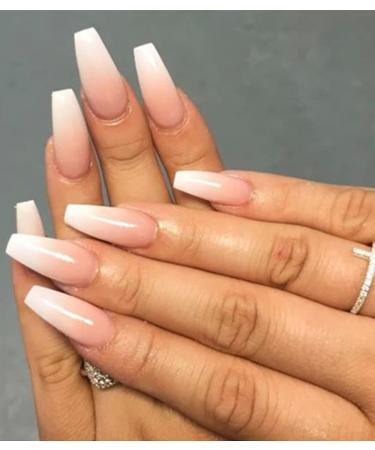 Morily Press on Nails - Pink Ombre Coffin Fake Nails Medium Length  UV Finishing French Tip Glossy False Stick on Fingernails for Women and Girls - 24Pcs in 12 Sizes White Pink Ombre Medium - Buy Online on GoSupps.com