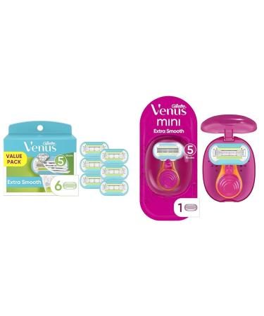 Gillette Venus Embrace Women's Razor Blade Refills 6 Count + Venus Snap Cosmo Pink with Extra Smooth Womens On-the-Go Razor