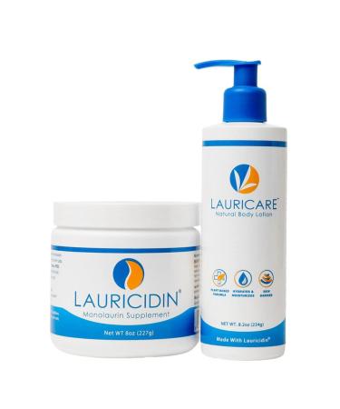 Lauricidin  Monolaurin 227g Jar + Lauricare Activated Derma Lotion 8.2 Ounce Bundle- 65.90 Value
