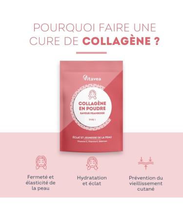 Collagen Powder Raspberry Flavor - 6800mg per day - Hydrolyzed Peptides Types 1 - 2000 Da - Radiance & Youthful Skin - Highly Bioavailable - Made in France - Vitavea - Buy Online on GoSupps.com