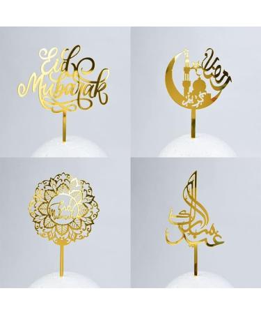 Eid Mubarak Cake Toppers Golden Acrylic Moon Cake Topper for Islamic Muslim Festival Kareem Ramadan Cupcake Decorations Supplies - Buy Online on GoSupps.com