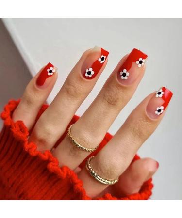 24Pcs Full Cover Short Round/Square Head False Nails Irregular Red Nail Small Flower Wearable French Fake Nails Press On Nails