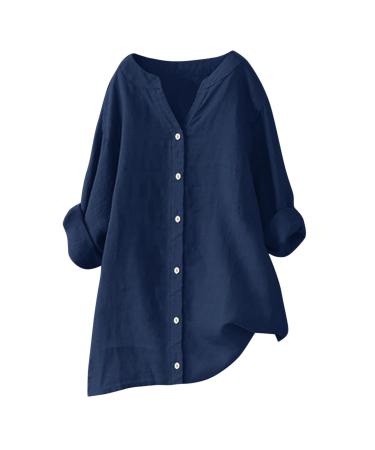 Linen Tops for Women Sale Casual Loose Fit Long Sleeve T-Shirt V Neck Beach Shirts Summer Tops Dandelion Plus Size Tee Shirts Tunic Top Going Out Work Office Tshirt 228-qppoj-b-navy XXL