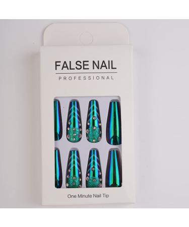 Xerling Glossy Green Press-On Fake Nails with Rhinestones - Long Coffin Full Cover Tips (24 Pcs Pattern G) | International Shipping Available - Buy Online on GoSupps.com