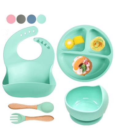 SilverStaar Baby Weaning Set Silicone Suction Plate Baby Suction Bowl Spoon Fork and Matching Bib - Super Detachable Suction Base Baby Feeding Set for Babies and Toddlers (Green)