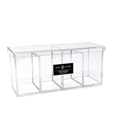 Isaac Jacobs 4-Compartment Clear Acrylic Organizer with Lid (9” L x 3” W x 4” H), Makeup Brush Holder, Sectional Tray, Storage Solution for Makeup, Crafts, Office Supplies & More (1, Clear)