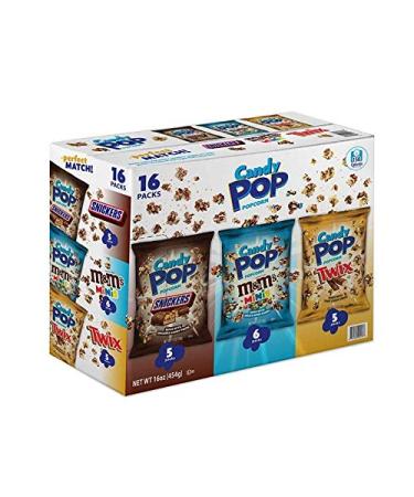 Snack Pop Candy Coated Popcorn Made with Real Candy Pieces Drizzled with Chocolate (NON GMO/Variety Pack/MM's 1 Oz bags), Snickers, Twix, M&M Minis, 16 Count