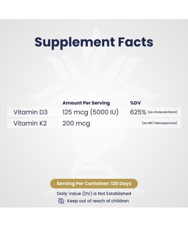 AZ BIOTECH D3 + K2 as MK-7 Plant Base Non-GMO Formula 5000 IU Vitamin D3 & 200 mcg Supplement Vitamin K2 MK-7 120 Capsules - Buy Online on GoSupps.com