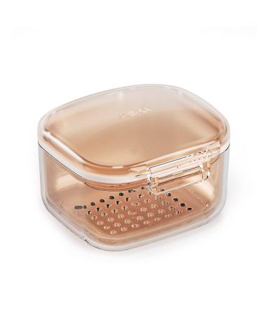 Denture Case, Retainer Case, Denture Bath Box Cup with Strainer basket, Cute Denture Holder Storage Soak Container for Travel Cleaning, Exquisite Retainer cleaner Case, Mouth Guard Case (Apricot)