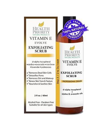 Vitamin E Exfoliating Facial Scrub. 100% Natural and Organic Ingredients. Rich & Creamy Exfoliator with Jojoba Pearls helps Wash  Cleanse & Exfoliate face. Great for Sensitive Skin and Acne 2 Fl Oz (Pack of 1)