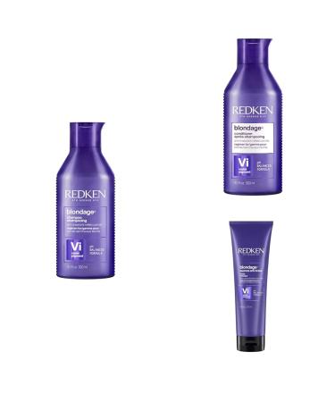 Redken Routine For Blonde and Bleached Hair Set of Shampoo Conditioner and Mask Corrects and Neutralizes Yellow and Copper Tones With Triple Acid Protein Complex Blondage