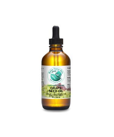 Bella Terra Oils Grape Seed Oil 4 oz. 100% Pure Cold-pressed Unrefined Organic Hexane-free Natural Moisturizer for Skin Hair. Non-comedogenic. Fast-absorbing. Great for sensitive  acne-prone skin 4 Fl Oz (Pack of 1)