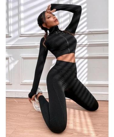 JOYMODE Women's Seamless Textured Workout Set - High Waist Leggings & Crop Top, Large, Black - Buy Online on GoSupps.com