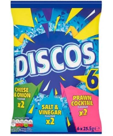 Discos Assorted Crisps(6X25.5G) | Cheese & Onion Flavour Wheat Snack | Salt & Vinegar Flavour Wheat Snack | Prawn Cocktail Flavour Wheat Snack | Snacks can be enjoyed as part of a balanced diet - Buy Online on GoSupps.com