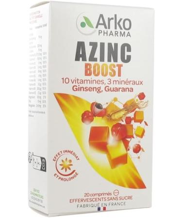 Arkopharma Azinc Boost 10 Vitamins 3 Minerals Ginseng and Guarana - 20 Effervescent Tablets - Pack of 2 Boxes of 20 Tablets - Buy Online on GoSupps.com