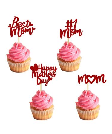 24 Pcs Mother's Day Cupcake Toppers Love Heart Glitter Happy Mother's Day Cupcake Inserts Cute Love Mum Cupcake Topper for Mother Day Birthday Party Woman's Day Decor (Red)