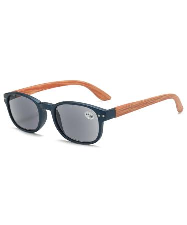 Lanomi sunny reading glasses with wooden leg women men rectangular outdoor reading aid gray lens plastic feather hinge visual aid tinted sunglasses with presence blue 1.5 x