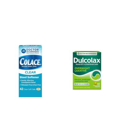Colace Clear Stool Softener Soft Gel Capsules Constipation Relief 50mg 42ct & Dulcolax Overnight Relief Laxative Tablets Constipation Relief 5mg 50ct