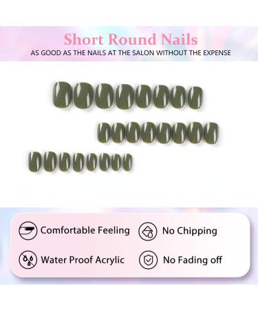 Buy Camellia Olive Green Dainty Acrylic Press-On Nails - Full Cover Pure Color Round Design for Small Hands - Feder Nails in Various Sizes - Buy Online on GoSupps.com