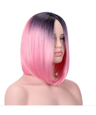 SHIYID Women Short Synthetic Wigs Heat Resistance Fiber Hair Wig Two Tones Pink Red Yellow Brown Blue Black Purple