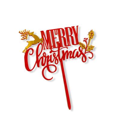Acrylic Cake Topper Merry Christmas Red Rain Deer Cherry Leaves Party Deco