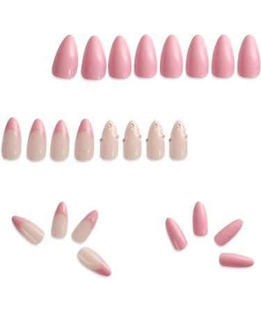 LADYING 24 Pcs Almond Fake Nails Short Peach Pink with White Flower Designs - French False Nails Set for Women - Buy Online on GoSupps.com