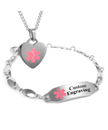 Custom Engraved Raindrop Medical ID Bracelet and Heart Necklace for Women - Stainless Steel 6.25 Inches Pink: Wrist Size - 6.25in / 15.9cm Pink