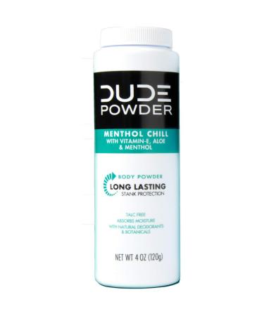 Dude Products Body Powder, Menthol Chill 4 Ounce Bottle Natural Deodorizers Cooling Menthol & Aloe, Talc Free Formula, Corn-Starch Based Daily Post-Shower Deodorizing Powder for Men, Cooling Menthol 4 Ounce (Pack of 1)