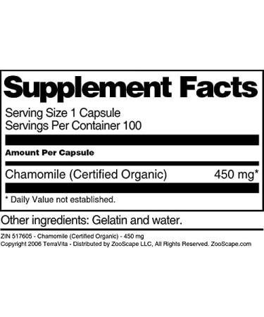 Chamomile (Certified Organic) - 450 mg (100 Capsules ZIN: 517605) - Buy Online on GoSupps.com